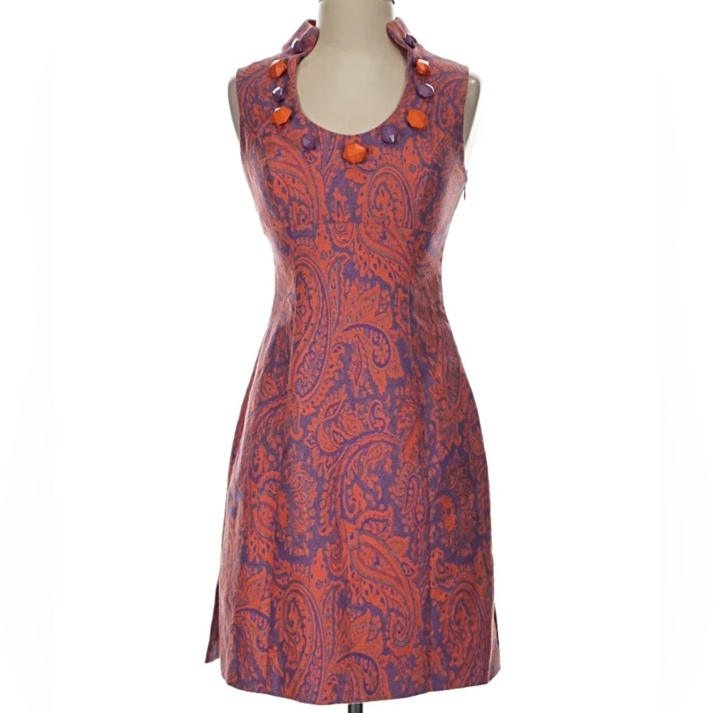 Milly of New York Retro Paisley Mini Dress, Chunky Beaded Neckline, Size 4, EUC